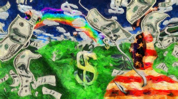 Surreal painting. Man in US national colors on a hook. Clouds in shape of dollar sign, rain of dollars. 3D rendering