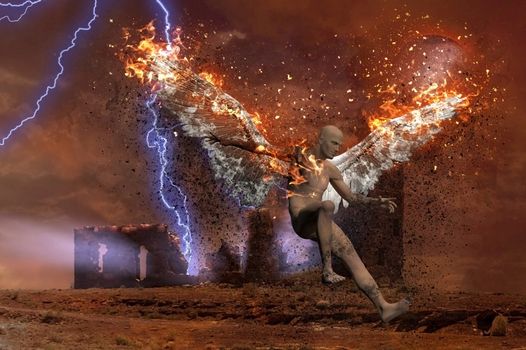 Surreal digital art. Lightning strikes spooky ruins. Naked man with burning wings symbolizes fallen angel. 3D rendering