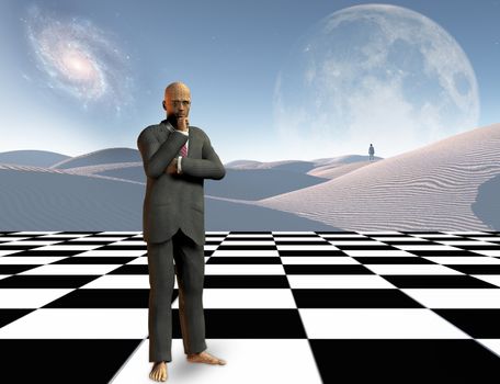 Surrealism. Businessman stands on chessboard. Lonely man in a distance. 3D rendering