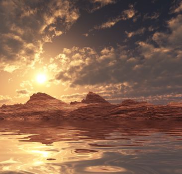 Surreal digital art. Sunset over rocky desert mountains. 3D rendering