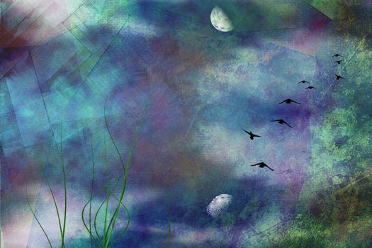 Painterly marsh landscape under moon and flying birds. 3D rendering