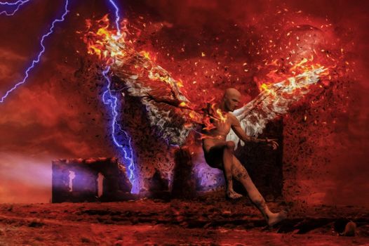 Surreal digital art. Lightning strikes spooky ruins. Naked man with burning wings symbolizes fallen angel. 3D rendering