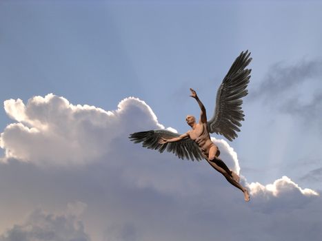 Surrealism. Naked man with silver color wings flies in the cloudy sky