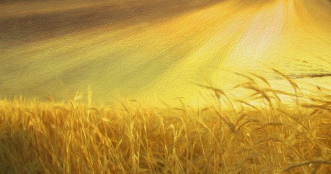 Field of wheat and Sunny Sky. 3D rendering