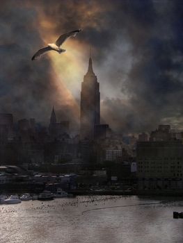 New York Pier and Seagull. 3D rendering