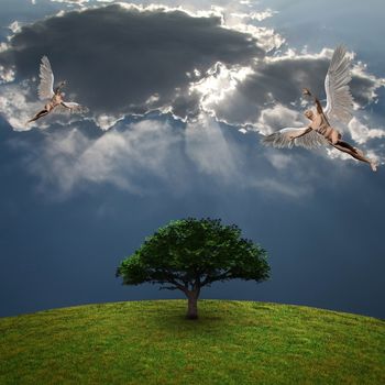 Angels above green tree. Dramatic clouds. 3D rendering.
