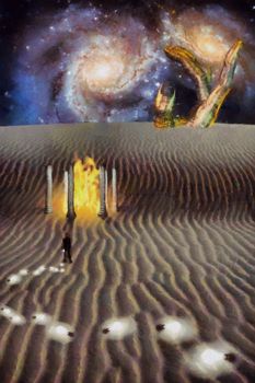 Surreal digital art. White desert planet with Temple of fire. Man in suit is losing light bulbs. Giant stone hand and colorful galaxies at the horizon. Light bulbs symbolizes ideas or thoughts. 3D rendering