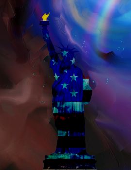 Abstract painting. Liberty statue. 3D rendering