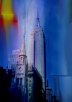 Marble Collegiate Church in New York City on blured blue abstract background. 3D rendering