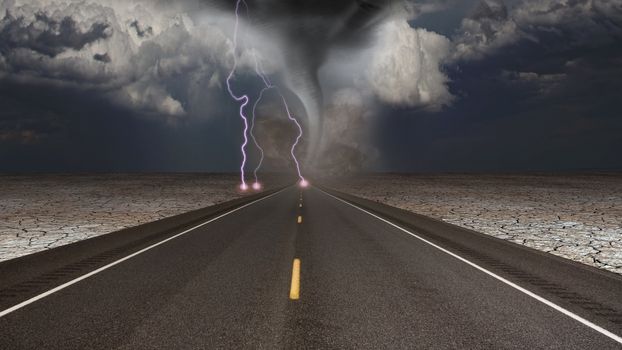 Tornado funnel in desert road landscape. 3D rendering