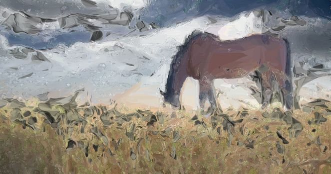 Tranquil scene. Horse grazes in the field.