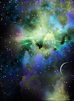 Vivid nebula and small moon or planet 