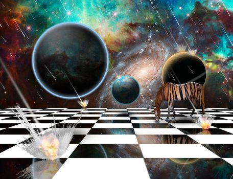 Surrealism. Planetary Armageddon. Massive meteorite - asteroid shower destroy planets. Striped horse on chessboard. 3D rendering