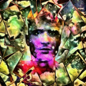 Surreal digital art. Mans head with stars and clouds. Abstract background.