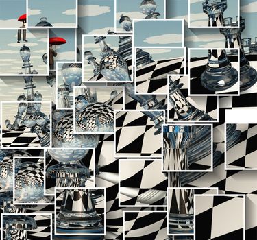 Surreal Chess Landscape. Man flies with red umbrella. 3D rendering.