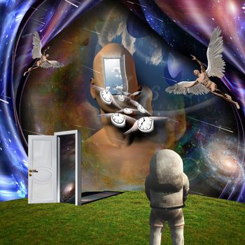 Surrealism. Man's head with opened door to another world. Naked man with wings represents angel. Winged clocks symbolizes flow of time. Astronaut. 3D rendering. Some elements provided courtesy of NASA