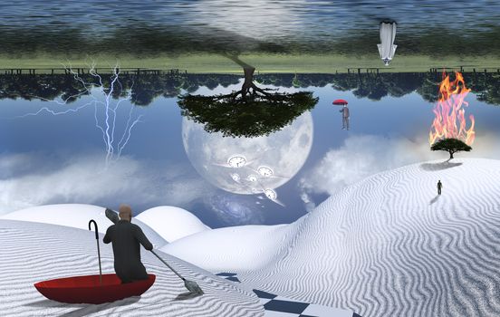 Surreal painting. Man in red umbrella floating on white desert another man flying with umbrella. Figure of man and monk in a distance. Burning tree. Big moon rising above green forest. Winged clocks represents flow of time.