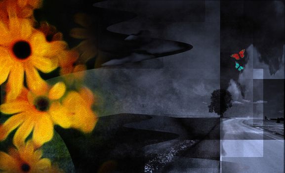 Abstract rural composition with butterflies and yellow flowers. 3D rendering