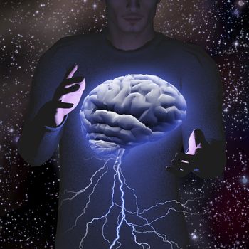 Man controls brain storm. 3D rendering