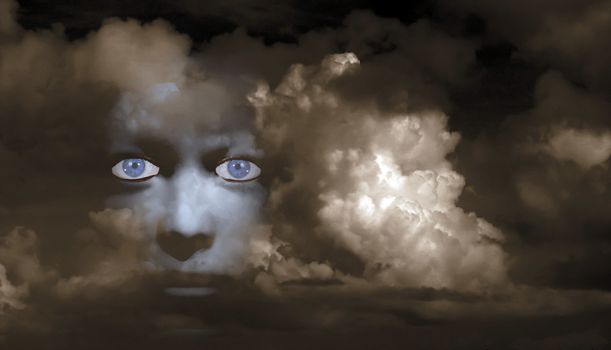 Mystic woman's face in clouds. 3D rendering
