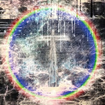 Abstract religious composition. Christian Cross surrounded by rainbow circle, latin text at the background. 3D rendering