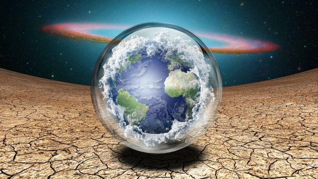 Surrealism. Planet Earth inside crystal ball.