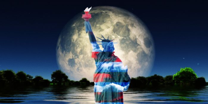 Surrealism. Liberty statue in national colors. Giant moon rises over water surface.