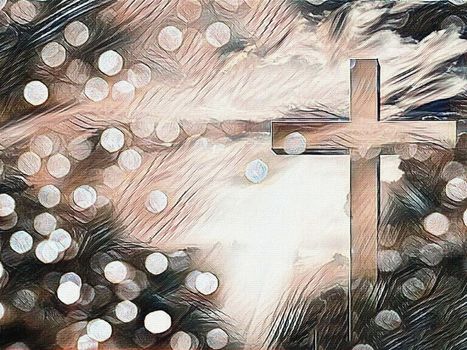 Digital painting. Christian cross. Bokeh.