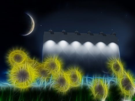Night roadside billboard with abstracted sunflowers