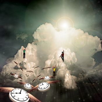 People hikes to the cloud. Winged clocks represents flow of time