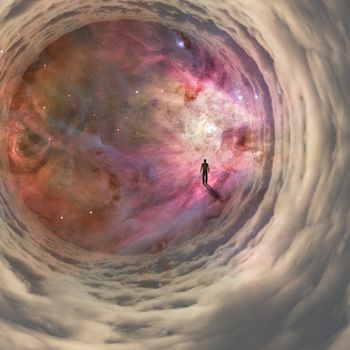 Man walking in cloudy space tunnel