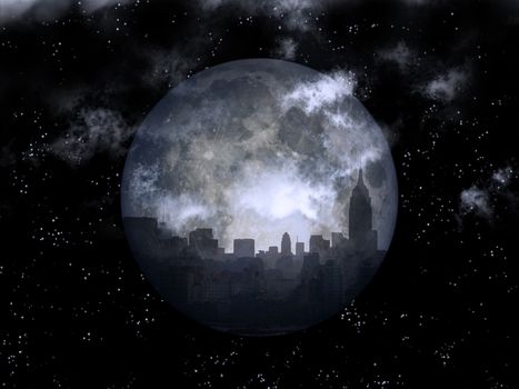 3D rendering. Full moon over night city.