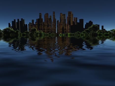 Surrealism. City of future in green forest surrounded by water.