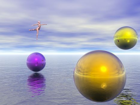 Dancer and colorful spheres hovers above endless ocean