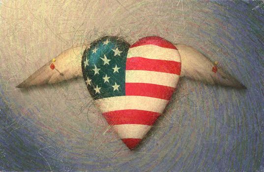 USA FLag winged heart pinned to surface