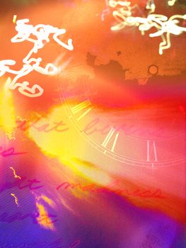 Abstract painting. Clock face with roman numbers, lines from poem and glowing swirls of light.