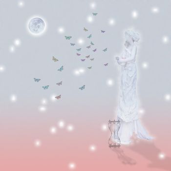Woman`s marble statue and butterflies. Glowing moon and hourglass.