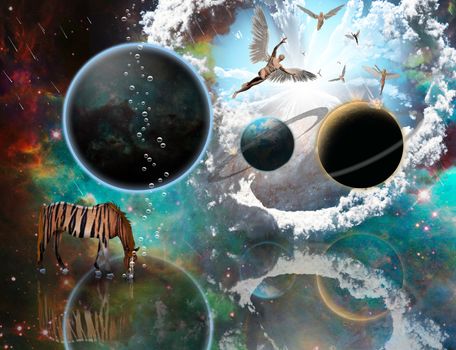 Religious planetary surrealism. Angels comes from another dimension. Exo planets. Striped horse. 3D rendering