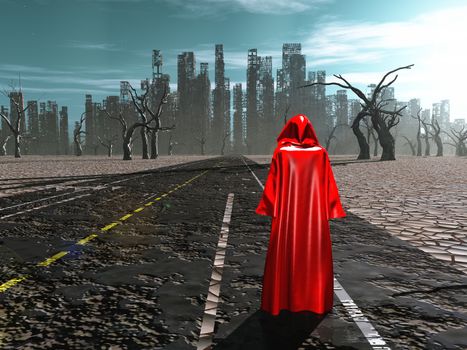 Figure in red cloak stands on a road to destroyed city.