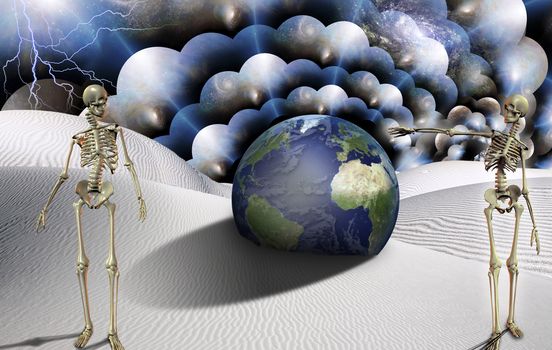 Surreal desert with skeletons and globe. Lightning in the sky. Multilayered space representing infinite dimensions.