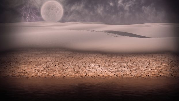 Surreal digital art. Desert shore. Storm and lightning. Full moon at the horizon.