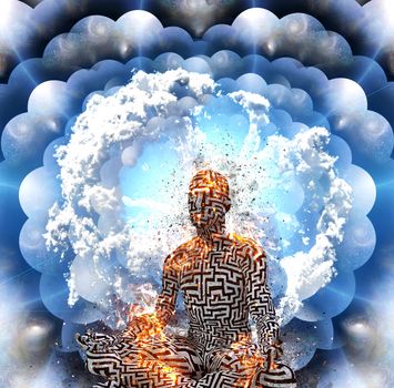 Surrealism. Burning figure of man with maze pattern in lotus pose. Multi layered spaces.