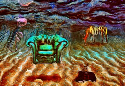 Surreal painting. Armchair and striped horse are on a sea bottom. Fishing hook. Ladder from hole in sea bottom.