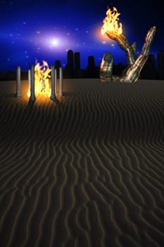 Surreal digital art. White desert planet with Temple of fire. Giant stone hand and city at the horizon. 3D rendering