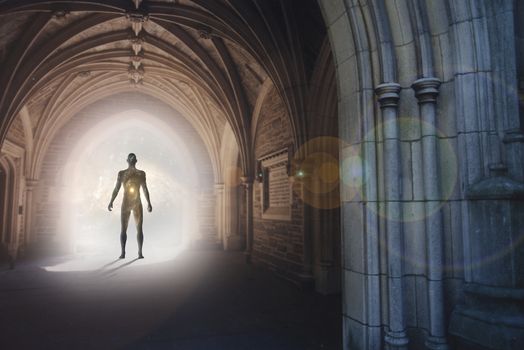 Human silhouette with universe inside stands in gothic archway with light illuminating the path.