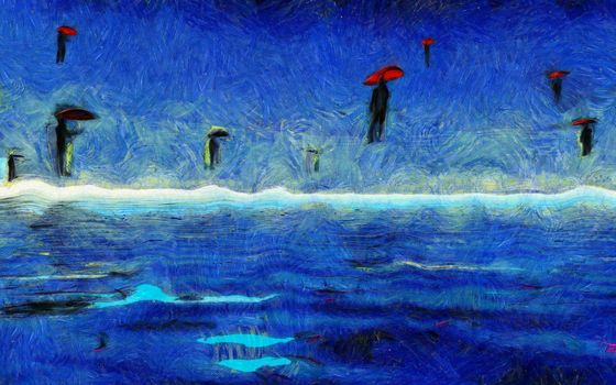 Surreal painting. Men flies with red umbrellas.