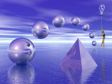 3d render. Pyramid and spheres over the water. Mannequin flies with light bulb.