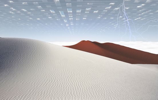 Surrealism. Sky maze above surreal desert. Lightnings at the horizon.