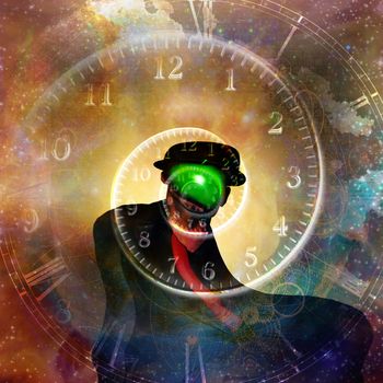 Man in black suit. Magritte style. Time spiral in universe