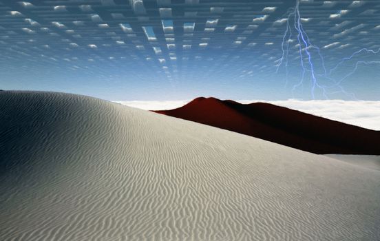 Surrealism. Sky maze above surreal desert. Lightnings at the horizon.